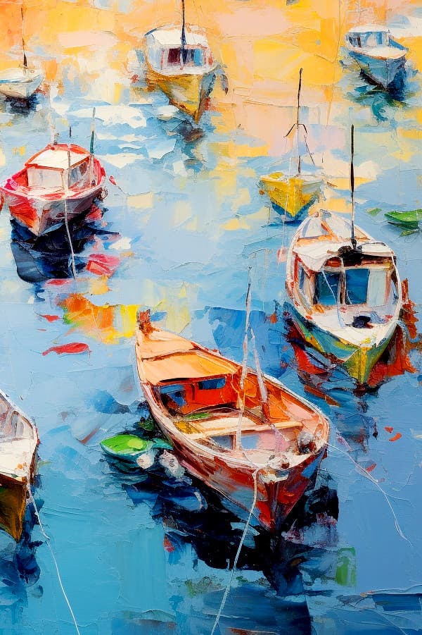 Colourful painting of boats bobbing on sea.