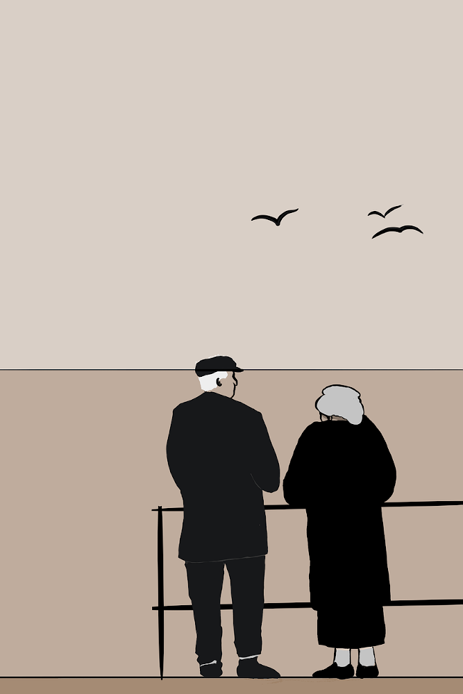 Line-drawing of elderly couple standing, looking out to sea