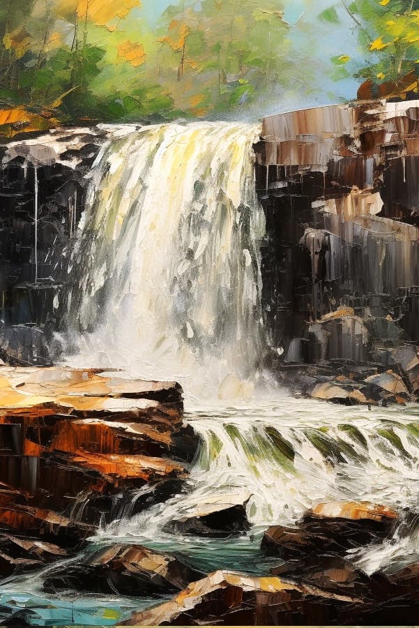 Semi-impressionistic painting of a waterfall.