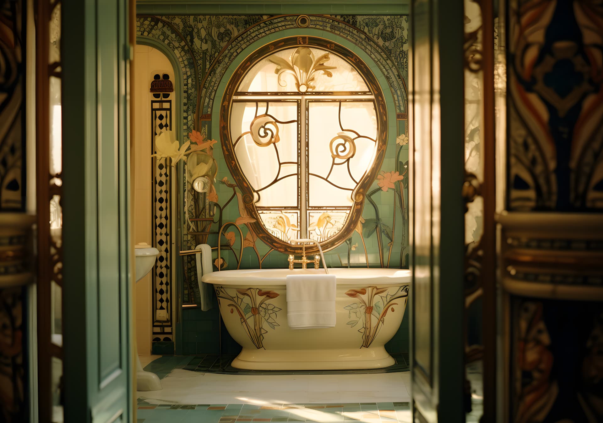 View of an Art Noveau bathroom through a door