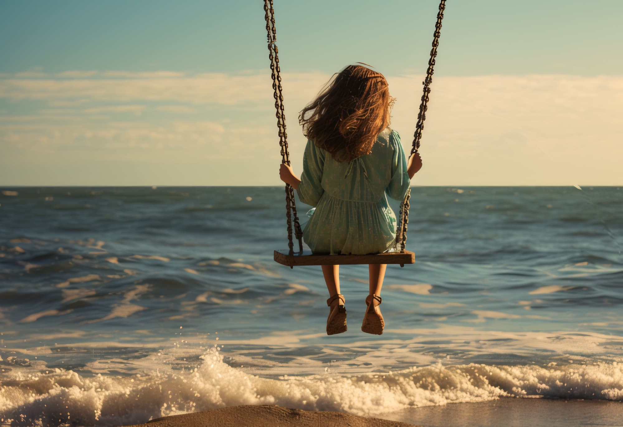 Young girl on a swing by the water's edge.