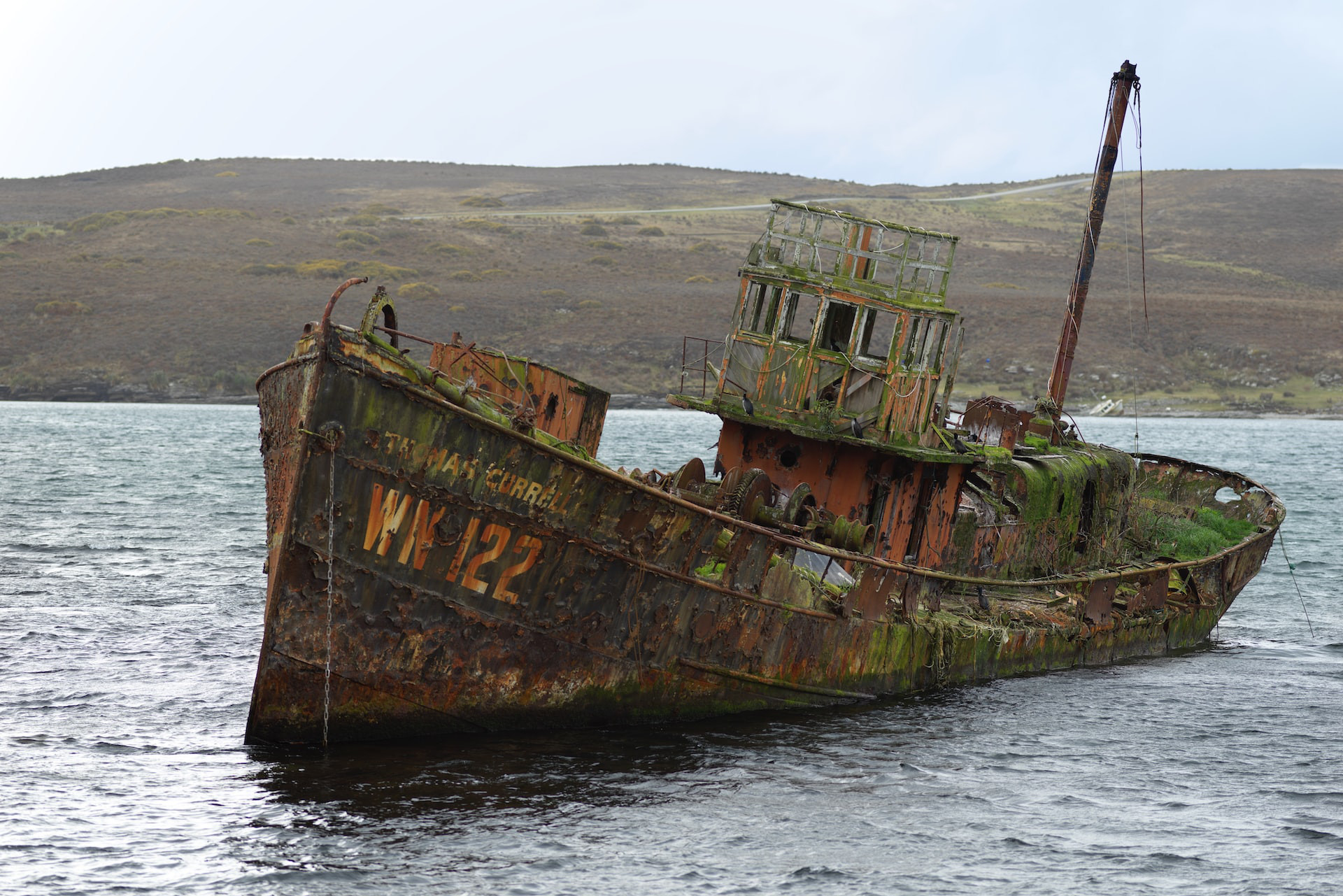 Abandoned boat on water, rusting and green