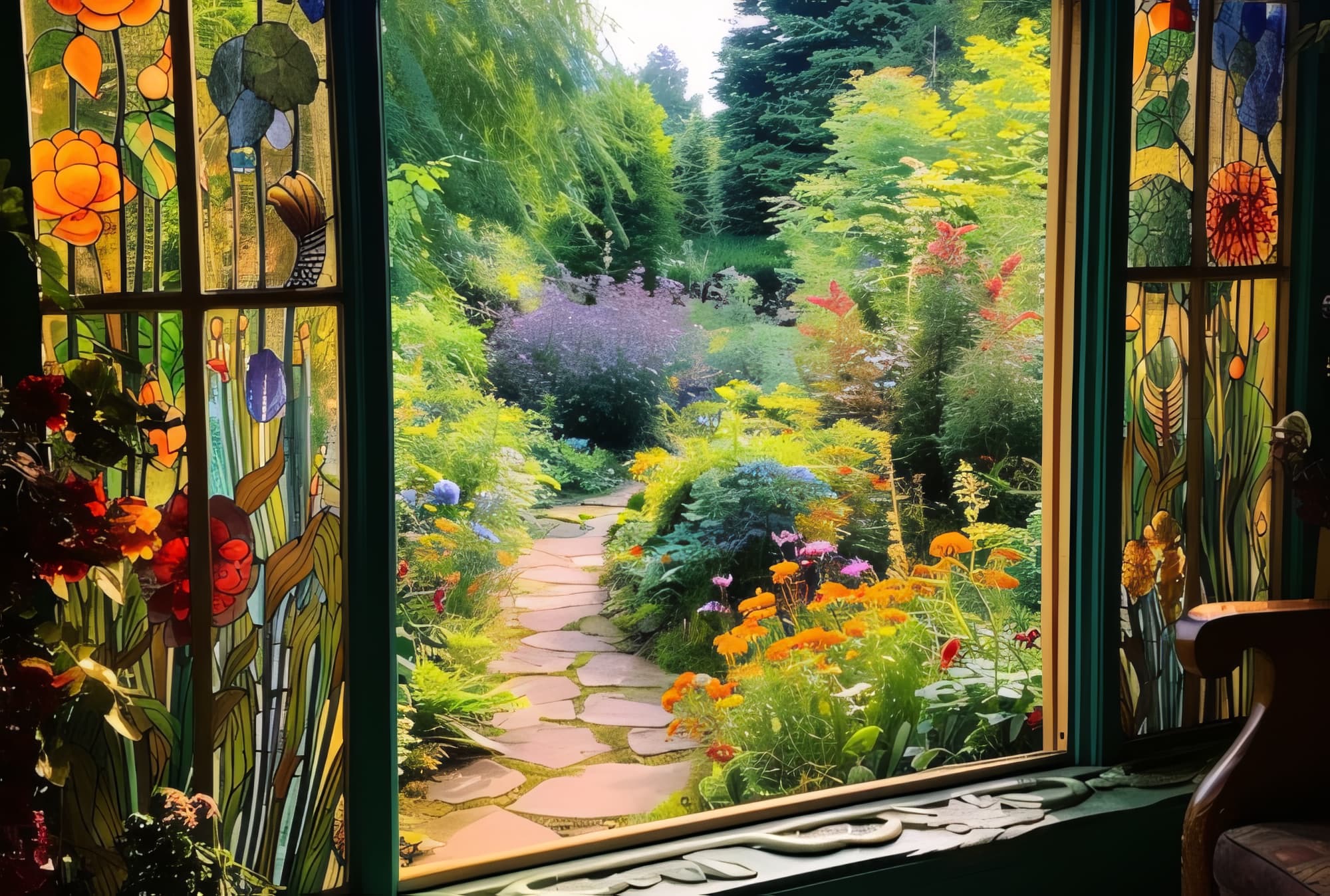 View through a window at cottage garden.